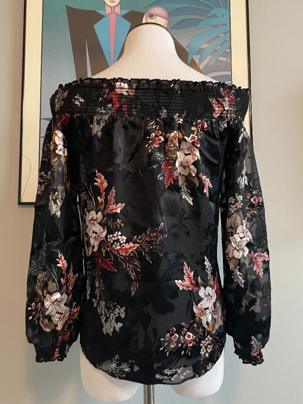 WHBM Gothic Romantic Velvet Burnout Off-Shoulder Long-Sleeve Sheer Floral Top - Picture 3 of 13